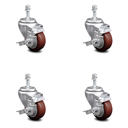 Service Caster 3.5 Inch Maroon Polyurethane Swivel 10mm Threaded Stem Caster Set with Brake SCC-TS20S3514-PPUB-MRN-TLB-M1015-4